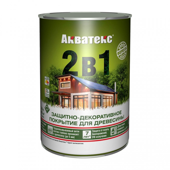 Защитно-декоративное покрытие для дерева АКВАТЕКС 2 в 1, полуматовое, 0,8 л, белое 18100